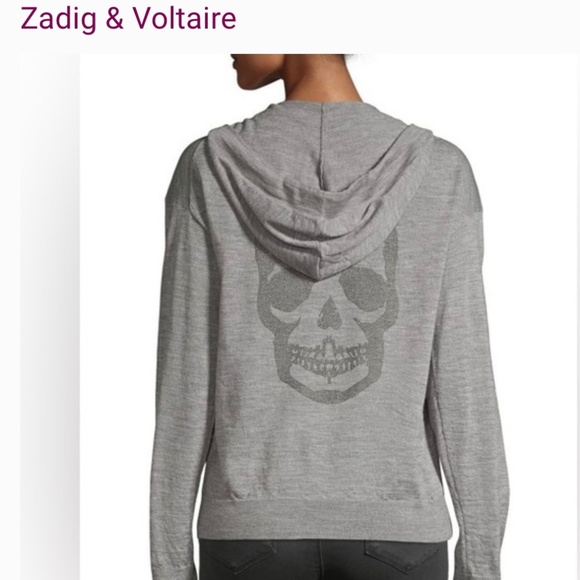 Zadig & Voltaire Comfy Skull Studded Zip Hoodie Gray Size Medium - Picture 1 of 12